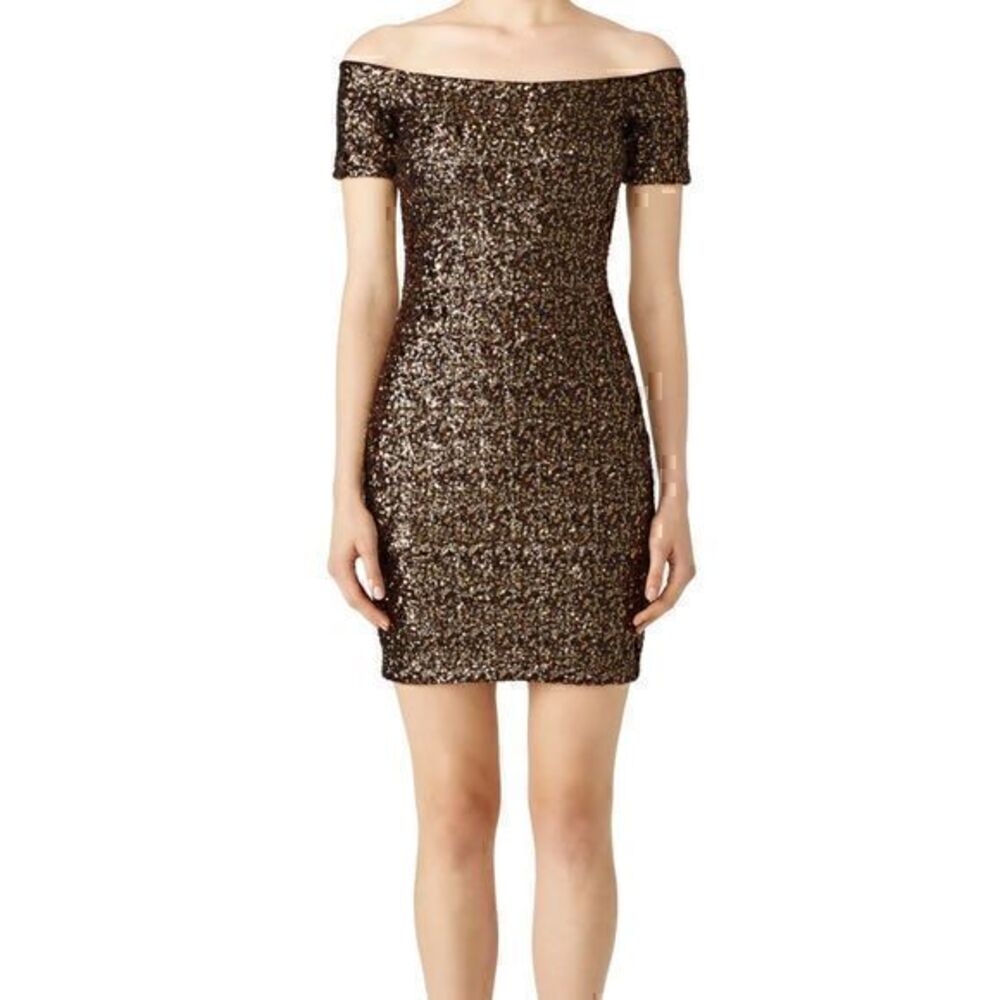 NWOT Dress the Population Womens Gold Sequin Off Shoulder Mini Dress Size XS
